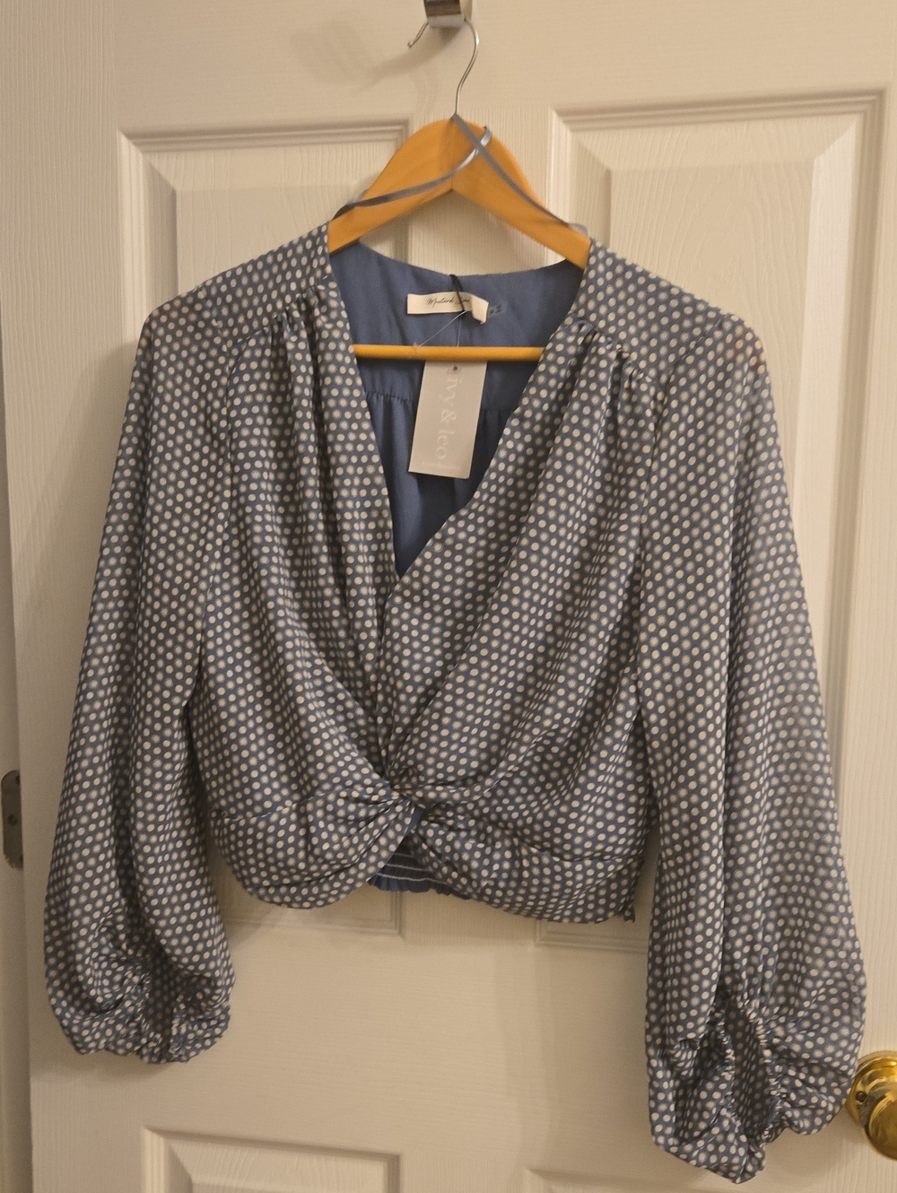 Mustard Seed Blue Polka Dot Twist-Front Blouse